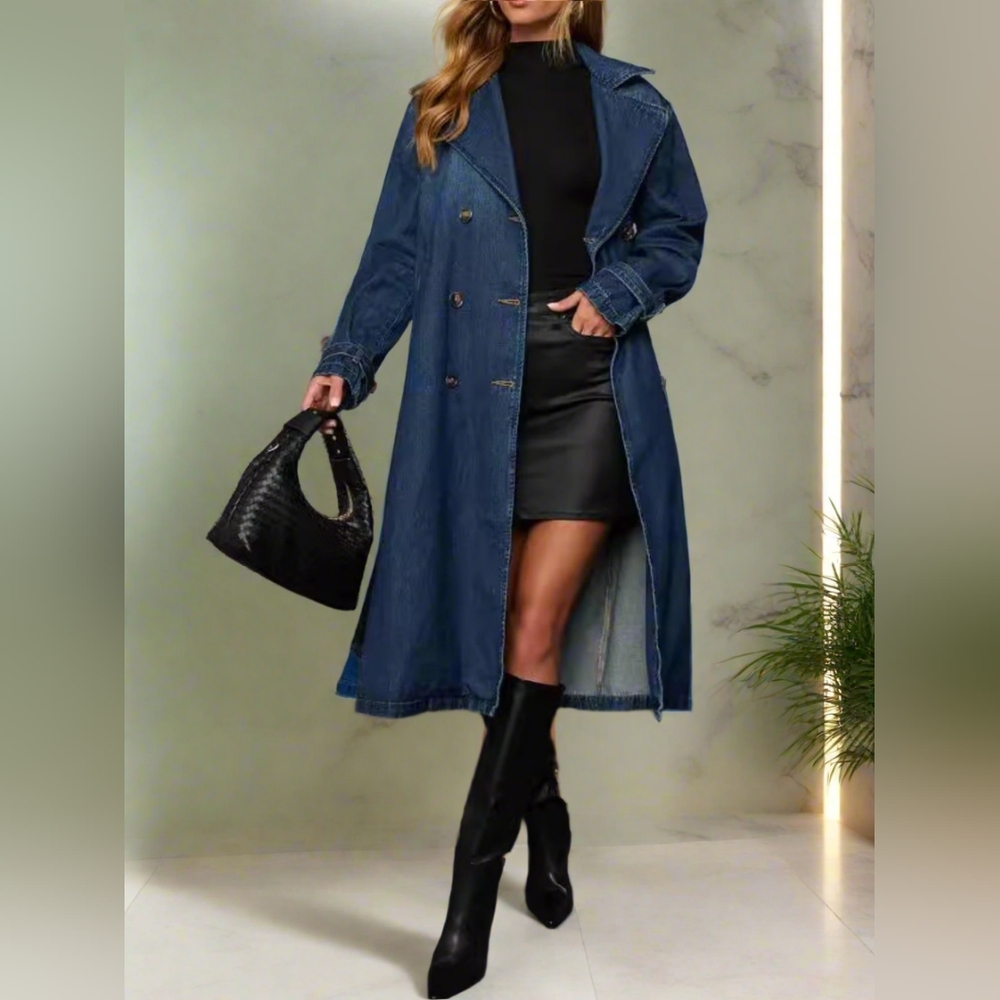 Denim Trench Coat Double Breasted Button-Up Collared Longline Belt Jean Jacket